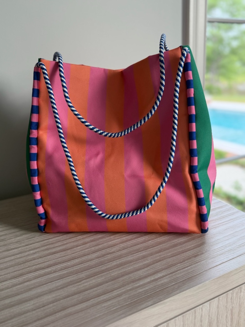 Shiraleah Striped Tote Bag Pink Orange Rope Handle Beach Travel Carryall - Picture 5 of 8